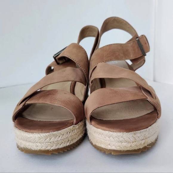 EILEEN FISHER Beckon Sandals 9.5 Leather Tan Espadrille Wedge - Picture 4 of 11
